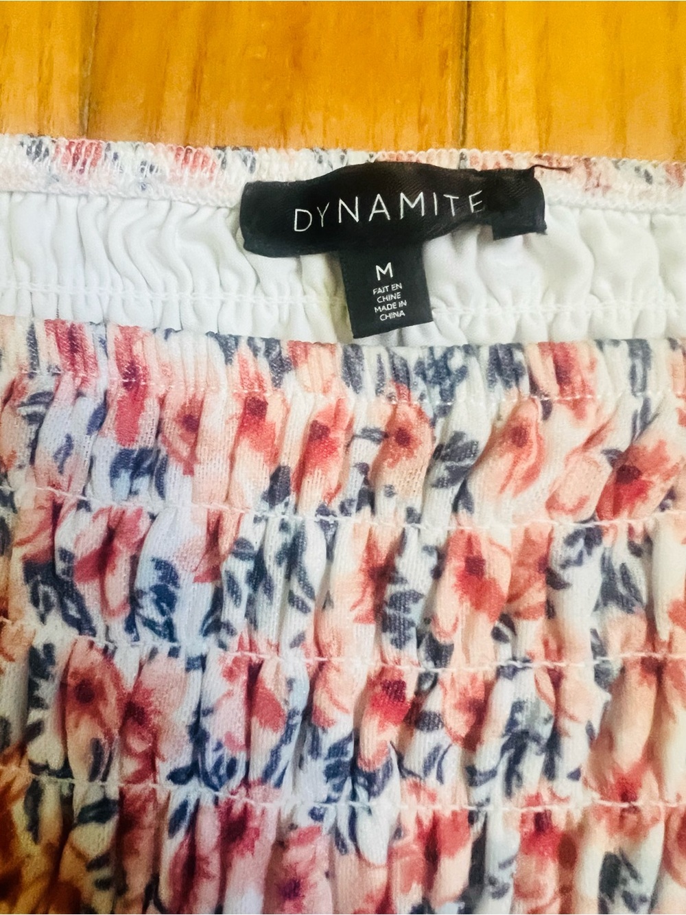 Dynamite Pink and Navy Floral Smocked Off-Shoulder Crop Top- Size Medium - Picture 2 of 2
